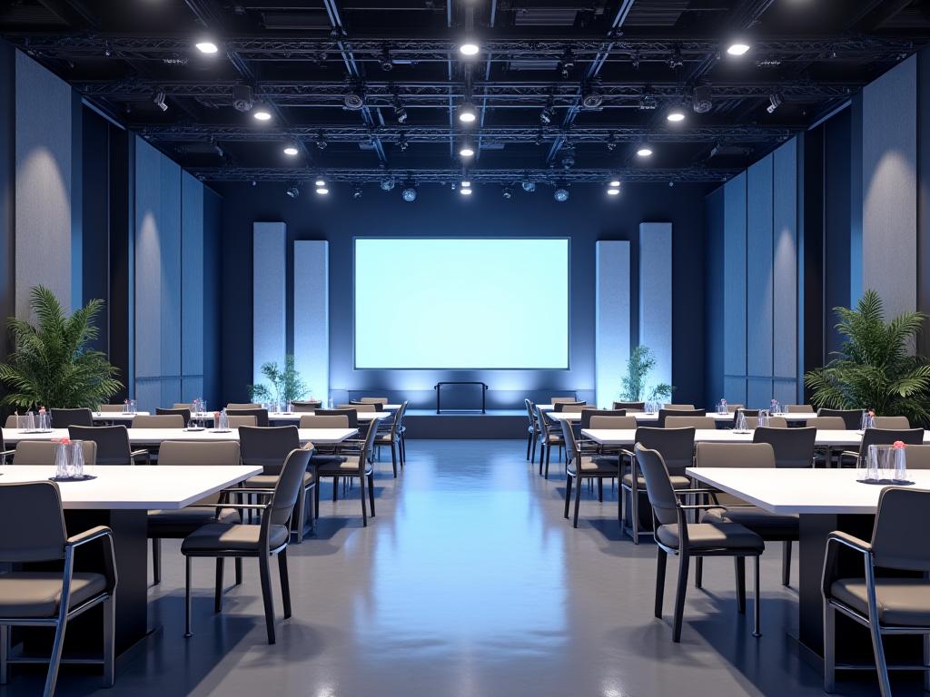 Evento corporativo con mesas modernas